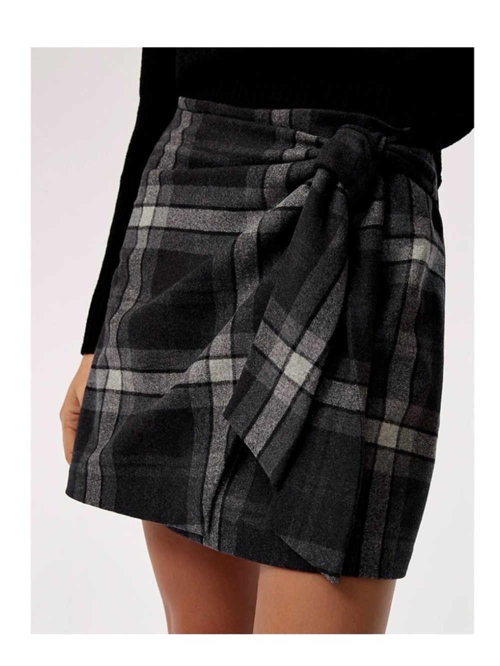 Wilfred Black Gray Plaid Tie-Waist Mini Skirt